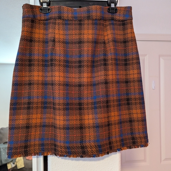 Ann Taylor Factory Brown Plaid Fringe Mini Skirt - Picture 2 of 3